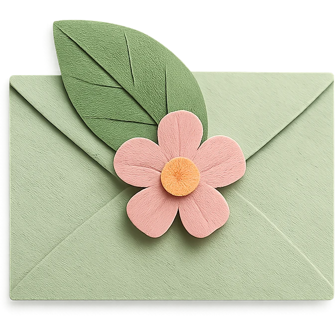 leaf envelope sealed with a flower, pastel greens and pinks, paper-craft style emoji