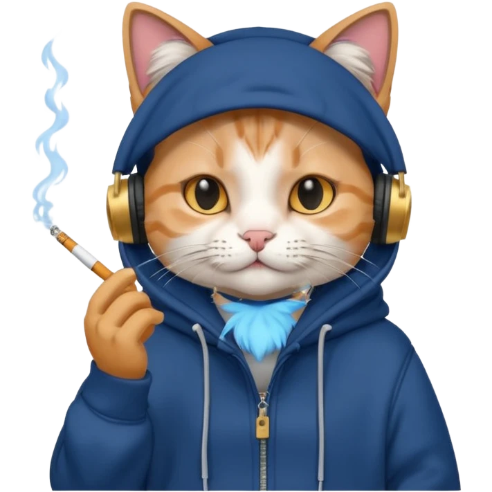 cat in headphones, in a dark-blue oversized hoodie with a cigarette in his hand  emoji