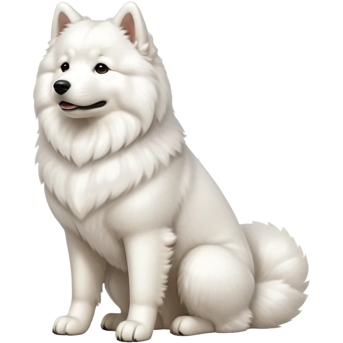 cinematic-[samoyed]-realistic-full-body-sitting-emoji,-tail-resting-loosely-beside-its-paws,white eyes-head-tilted-dramatically, -fluffy-[white]-fur,-simplified-yet-realistic-focused-features,-highly-detailed,-glowing-with-an-almost-sarcastic-glow emoji