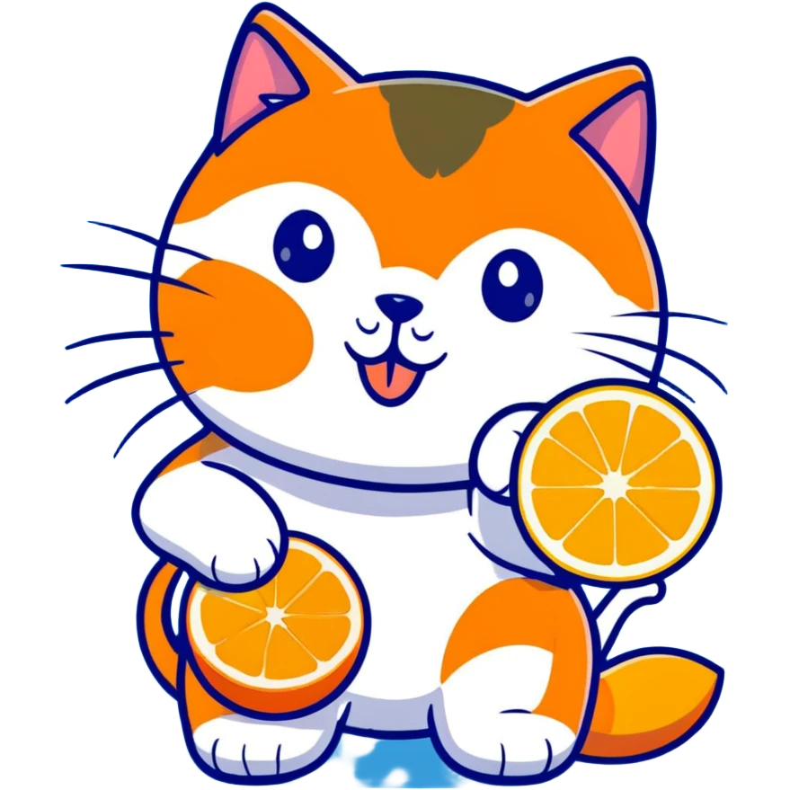 Cartoon orange cat eating an orange fruit that has a cat face on it emoji