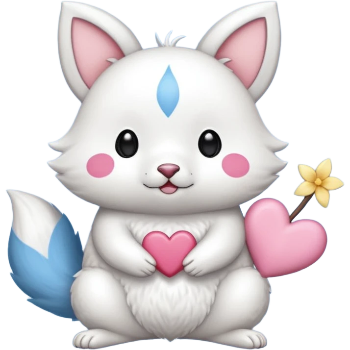 GENERATE ME A MOMONGA WHITE ANIMAL  FROM CHIIKAWA AND PUT A SAKURA FLOWER ON HIS HEAD AND A STAR PELT ON HIS BELLY AND A HEART PURSE ON HIS ARM WITH HIS FACE MAKE HIS TOUNGE STICK OUT WITH A LITTLEPINCH OFDROOL AND MAKE HIM ANIME STYLED ART GIVE HIM A BIG BLUE FLUFFY TAIL JUST TAIL emoji