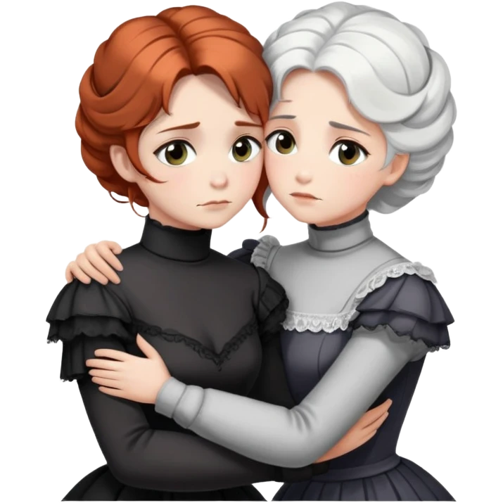 Two Victorian women with grey eyes in a sad, intimate hug. One has bright white coiffed hair, one has dark copper coiffed hair. Both wearing Victorian turtleneck dresses with arms tightly around each other. emoji