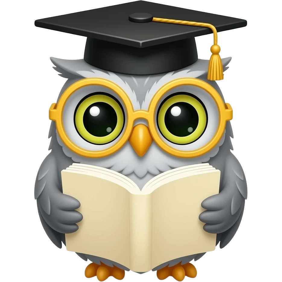 A cartoon illustration of a cute grey owl wearing a black graduation cap with a yellow tassel and round yellow-framed glasses. The owl has large expressive eyes with green irises and black pupils, and is holding an open book with cream-colored pages. emoji