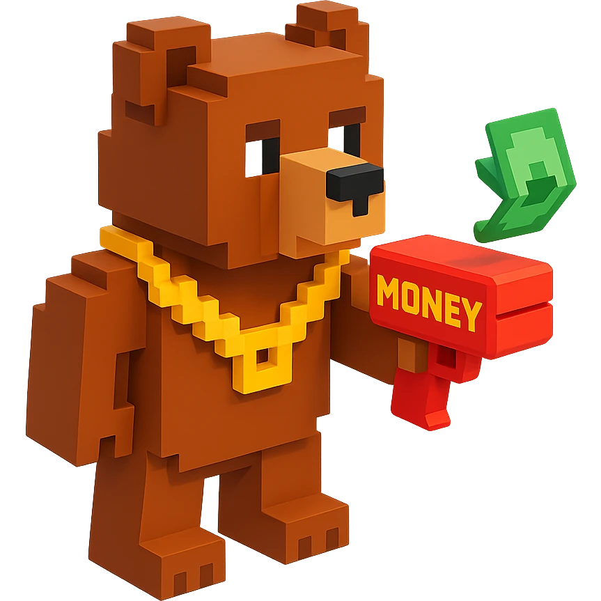 A grizzly bear with a chain and a money gun, voxel style, facing right emoji
