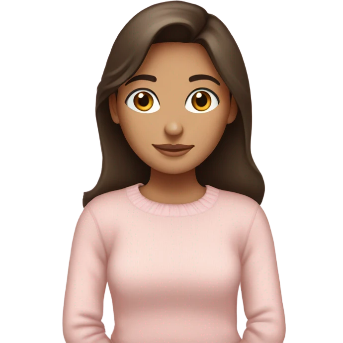 Pretty brown eyed brunette girl with light pink sweater reading cozy emoji