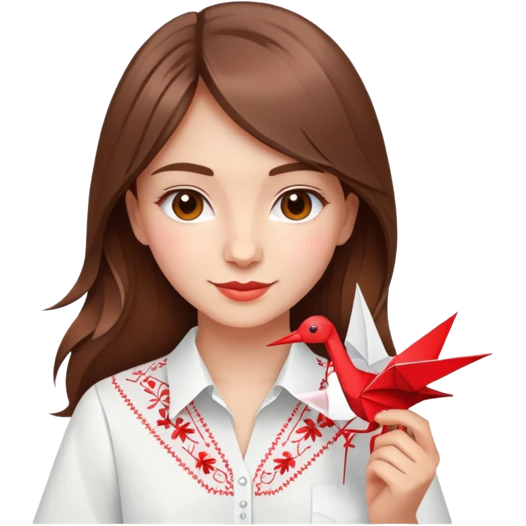 Happy Ukrainian young girl with brown hair in a white embroidered shirt holds an origami red crane emoji
