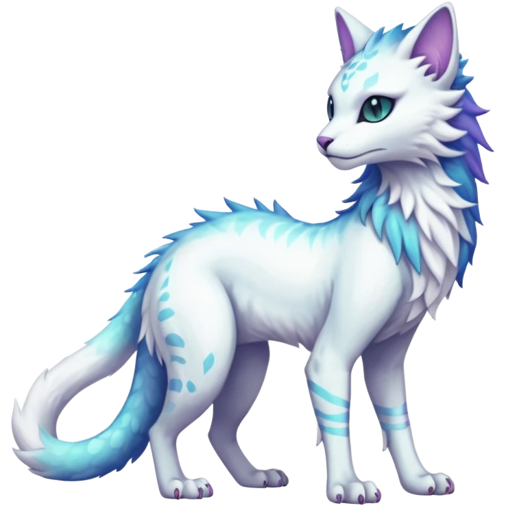 Kawaii white iridescent beautiful pretty elegant divine edgy fantasy feline-vernid-fionbri-protogen-sergal-fursona animal creature with a tufted tail full body with intricate markings  emoji