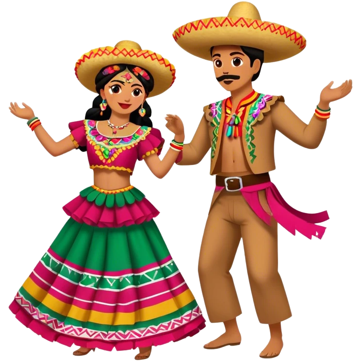 Cinematic Realistic scene of two performers dancing the Jarabe Tapatío, dressed in colorful traditional Mexican costumes with intricate embroidery, captured in energetic, festive motion with vibrant, celebratory lighting emoji