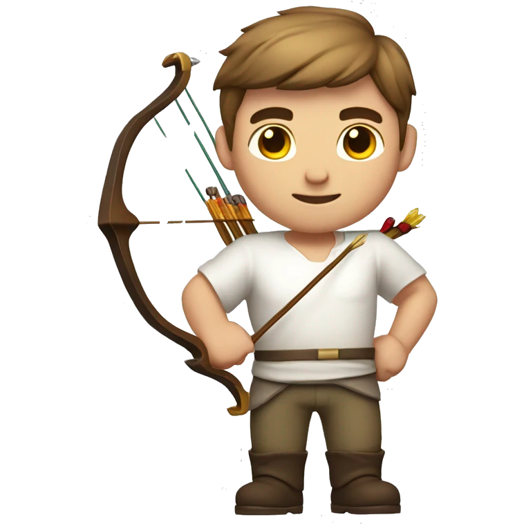 a male archer holding a bow, wearing a white shirt, very short brown hair, bright skin, only show upper part of the body from waist up emoji