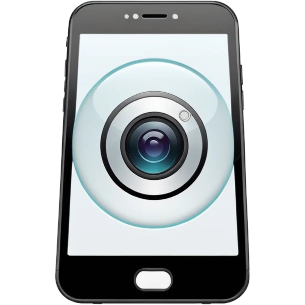 Minimalistic flat vector icon, iOS style, thin black contour on white background. Smartphone with a camera lens symbol. No text, no shadows.
 emoji