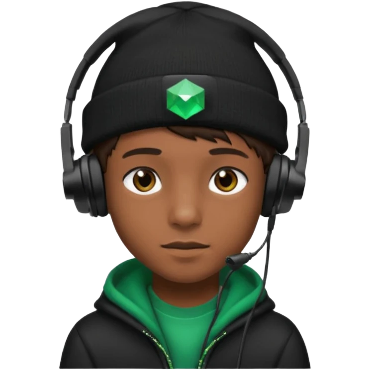garcon avec un bonnet noir avec un emeraude dessus et un casque gaming emoji