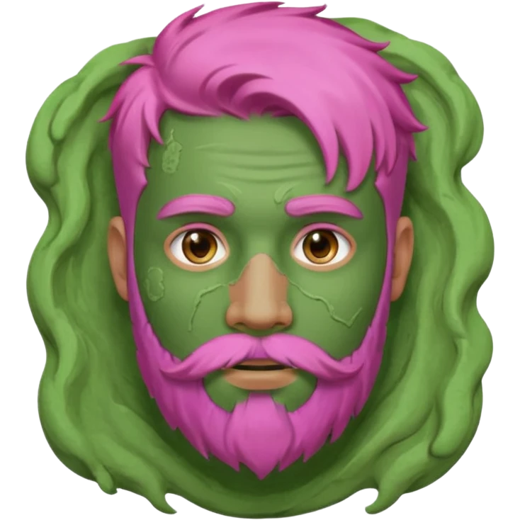 pink haired man with full full face dirty messy green clay mask and beard emoji