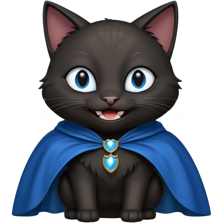 an all black anthropomorphic cat with blue eyes wears an all black cape and is smiling a mischievous sharp tooth grin emoji