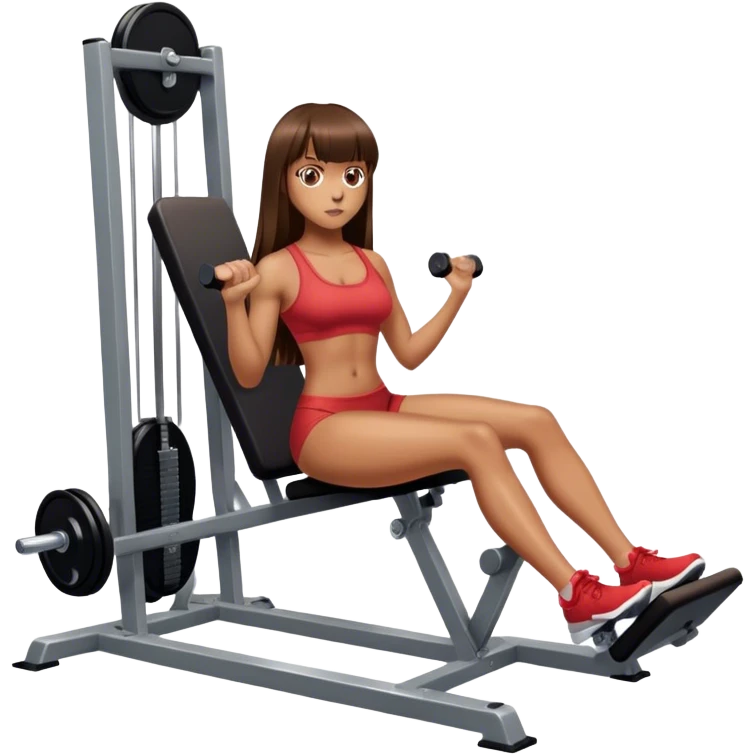 Tan girl with bangs and long brown hair on a leg press emoji