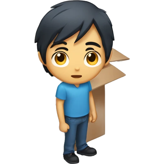 Asian man in blue shirt, dark medium length  hair, hiding in a shipping box emoji