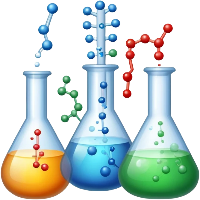 An icon featuring chemical flasks with tubes, representing hydrolysis, along with liquids, powders, and chemical formulas. The design includes molecules and reaction symbols, symbolizing the study of chemical processes and compounds. Transparent background highlights the science of reactions. emoji