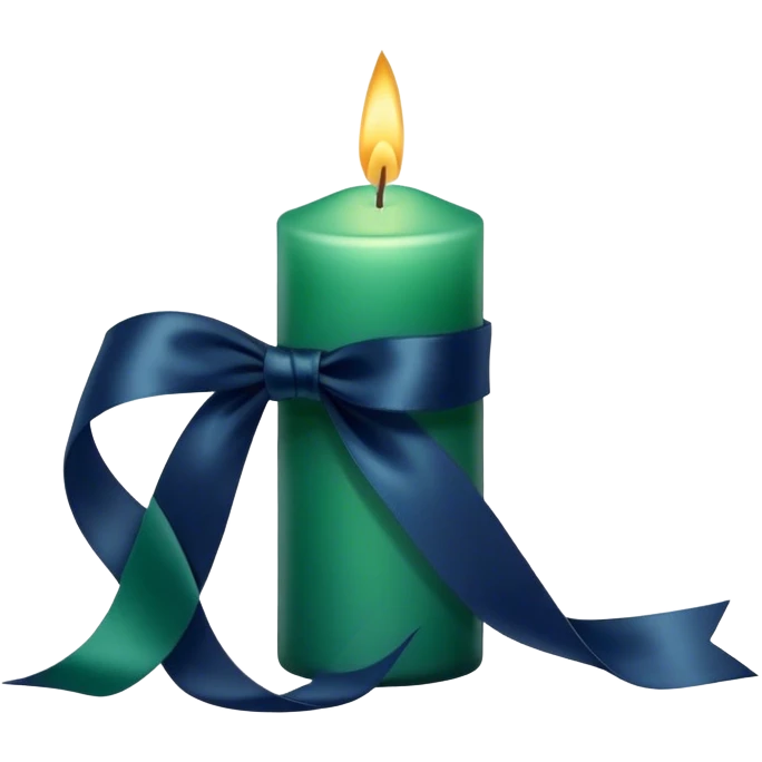 A charmingly arranged composition of a glass candle in a rich emerald shade, placed next to a carefully folded navy blue ribbon. emoji