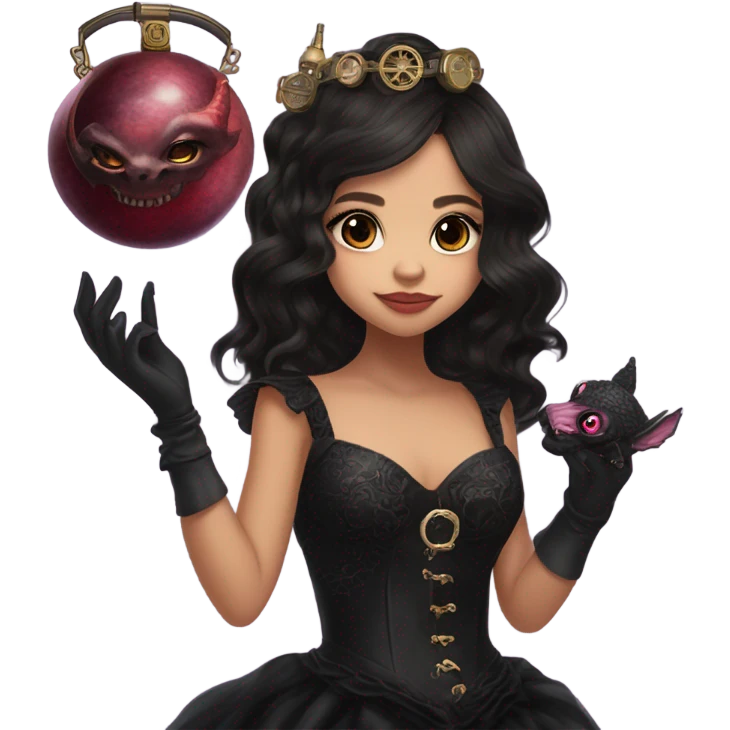 healthy standing flirty Lavish black evening gown with see-through gloves, Jenna Ortega as Addams woman wearing a steampunk mini tiara, very large blood moon pink evil-looking horned old dragon purse emoji
