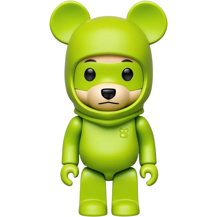 authentic bearbrick collectible figure with squared head and bear features, wearing a bright lime balaclava with defined thick eyebrows, toy design emoji