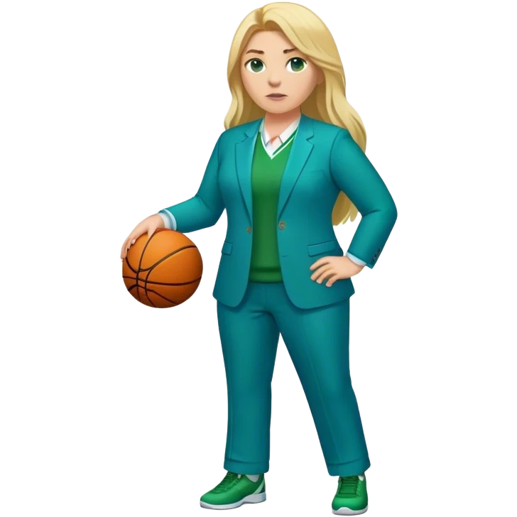 Full Body white plus size female basketball head coach with long blonde hair in a blue and green suit emoji
