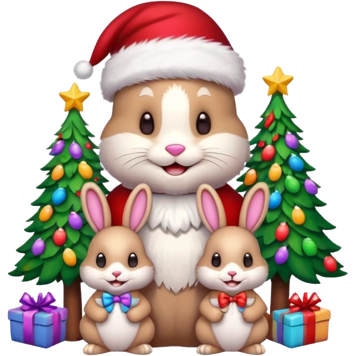 Smiling multi-colored Bunny friends with Santa hats sitting by brightly lit colorful Christmas trees and candy canes 🎁  emoji