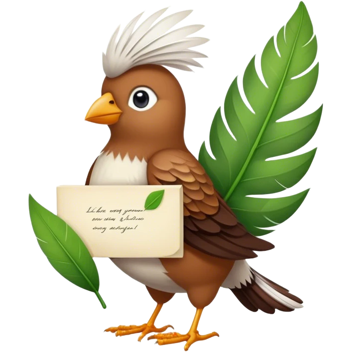 A hyper realistic bird carrying a leaf with a note on it emoji