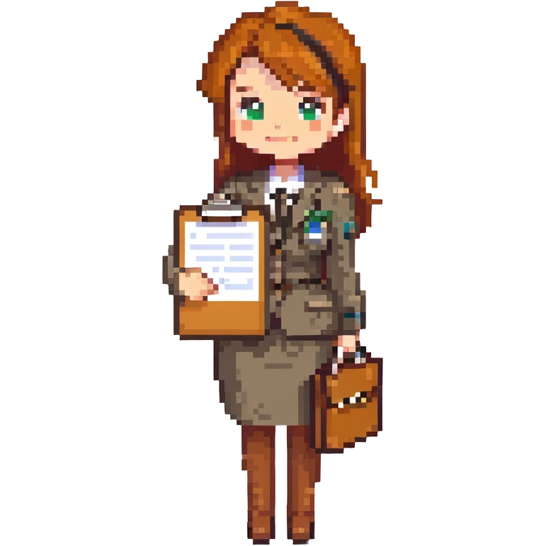 female recruiter, cute, pixel art with a clipboard emoji