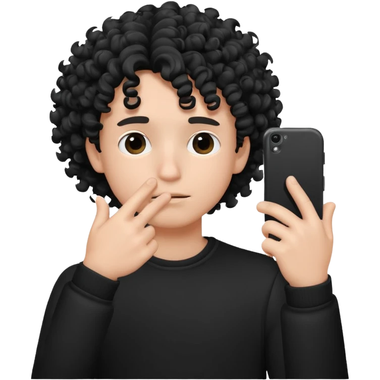 A circular black and white emoji in which a boy is hiding his face with his fingers white taking the selfie and his hair are curly emoji