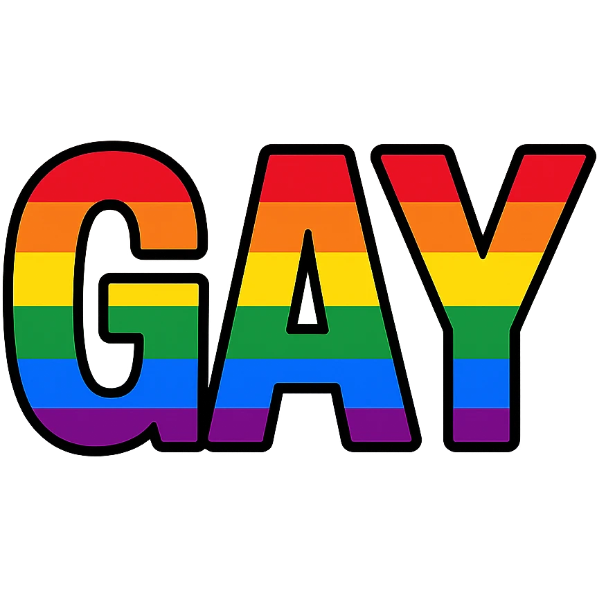 the word GAY in bold, colorful rainbow letters emoji
