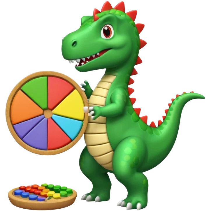Dancing Dino holding an abacus against a pie chart emoji