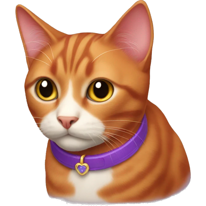 A red-haired cat with a tiny purple collar emoji