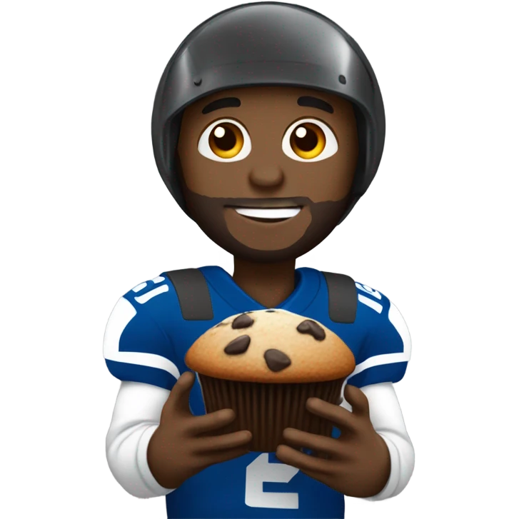 Black man with beard with Colts football helmet eating a chocolate chip muffin emoji