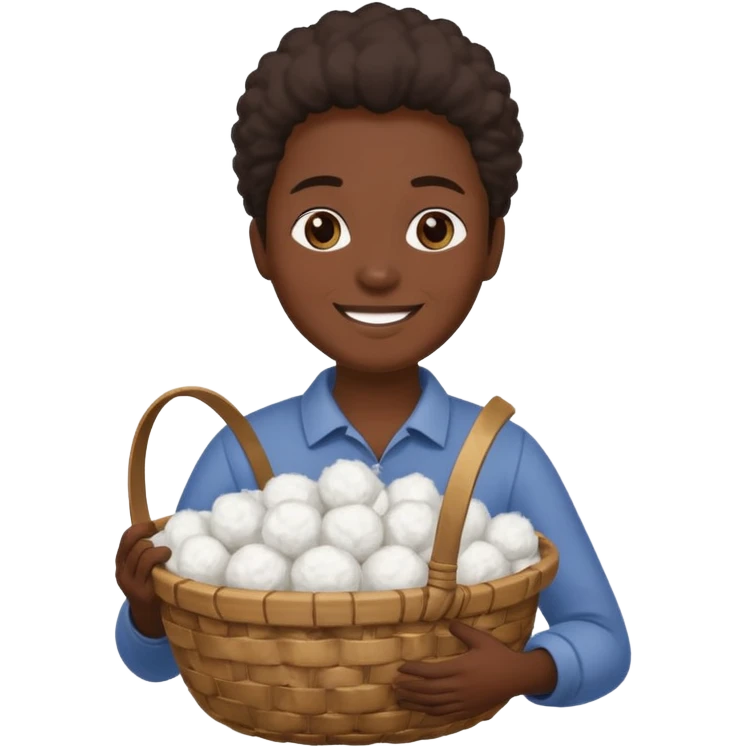 smiling adult slave holding a basket with cotton emoji