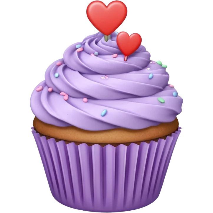 cupcake with pastel lavender frosting and a heart-shaped sprinkle emoji