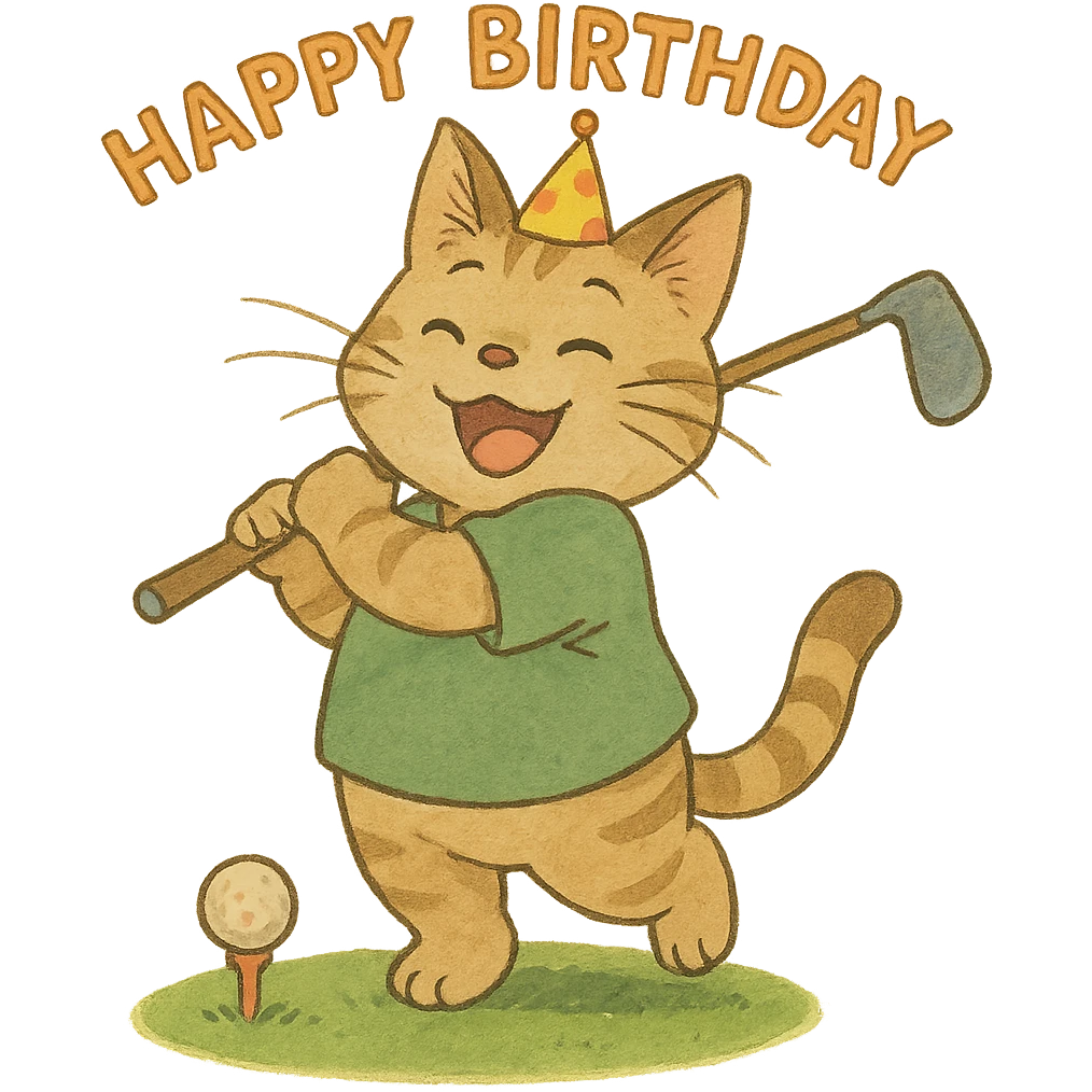 ghibli style happy cat playing golf on his birthday emoji