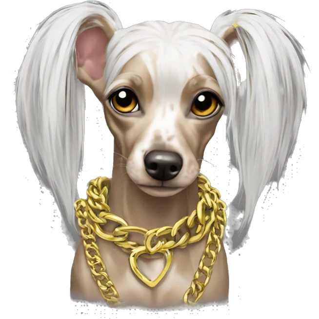 Chinese crested neon hair gold chain piercings tattoos emoji