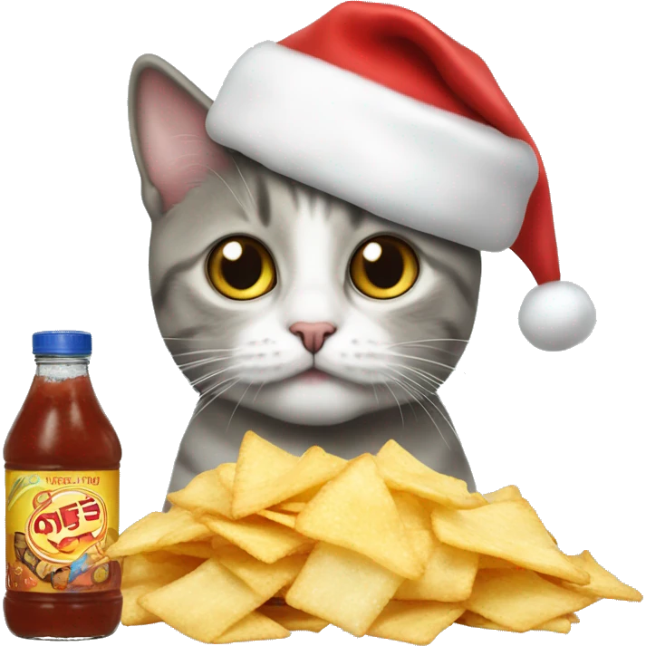 Cat wearing a Santa hat, while salt and vinegar chips  emoji