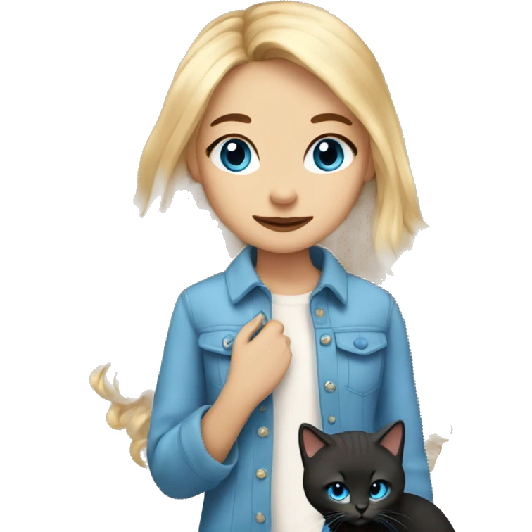 Blondir girl with blue eyes and middle long hair and she has in hand little black kitty with long cat hair  emoji