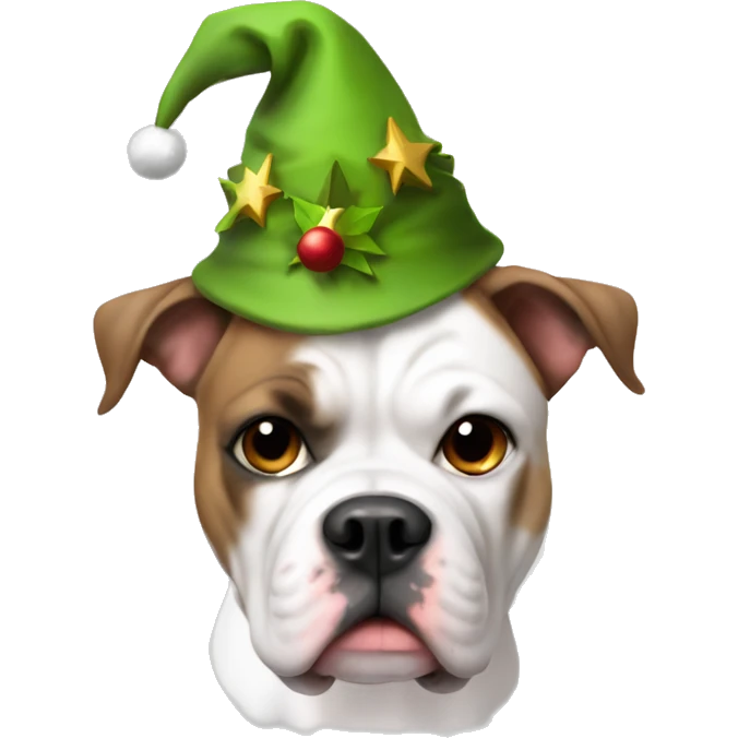 White & brown American bulldog with an elf hat on emoji