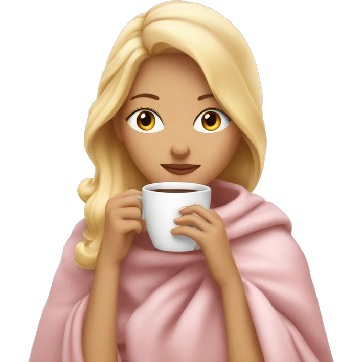 Blonde girl inside a light pink blancket sipping coffee eyes closed emoji