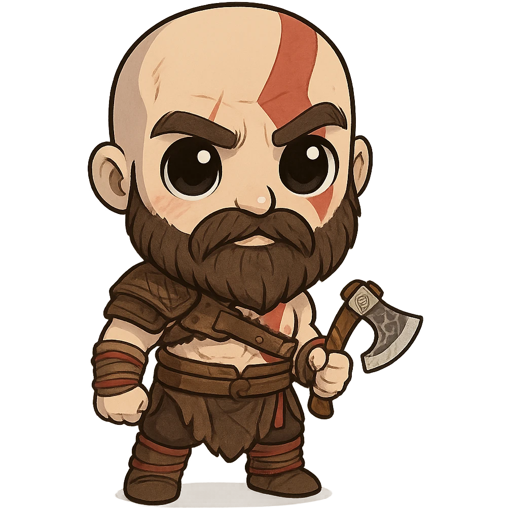 chibi-style Kratos with a tiny axe and big eyes emoji