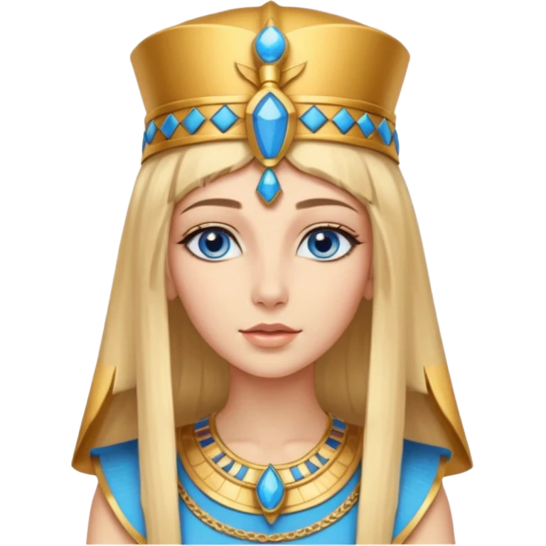 Cleopatra vestita da faraone con il cappello da faraone ma con gli occhi azzurri e i capelli lunghi biondi non troppo chiari con il cappello da faraone dorato senza frangia capelli medio lunghi   emoji
