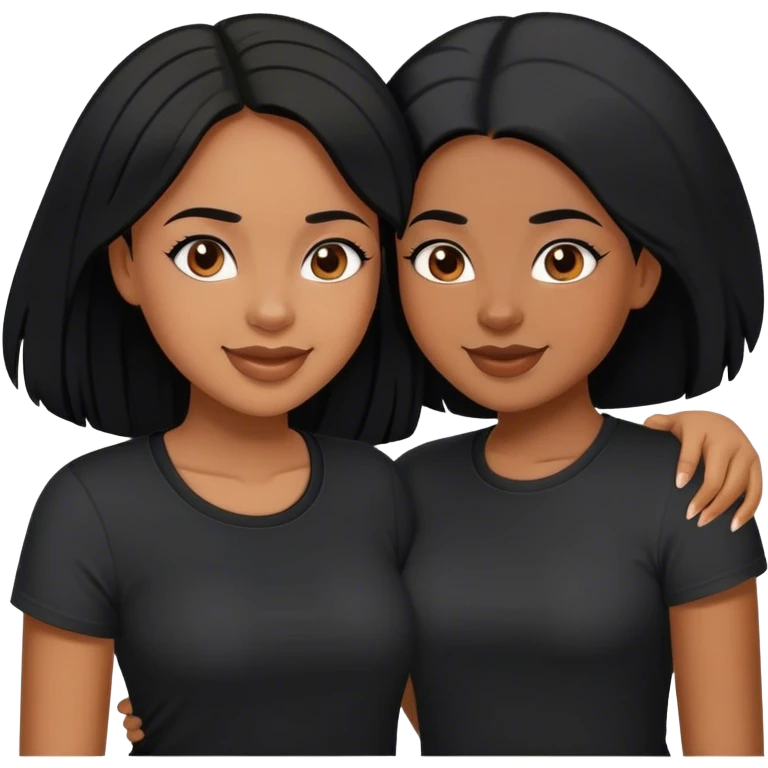 Brown skin colored sisters with not same height with black hair and black shirts having fun with eachother emoji