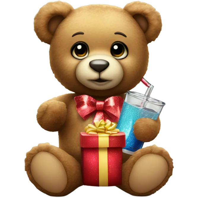 teddy bear holding sparkle gift and a shot glass emoji