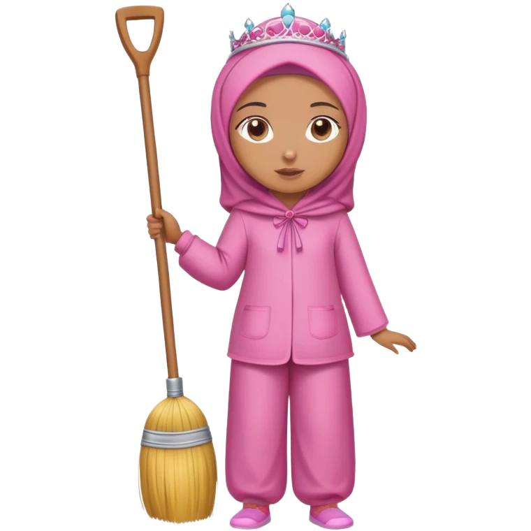 Full body girl caramel skin wearing pink hijab a pyjama set and a tiara on top of her head she is standing holding a broom emoji