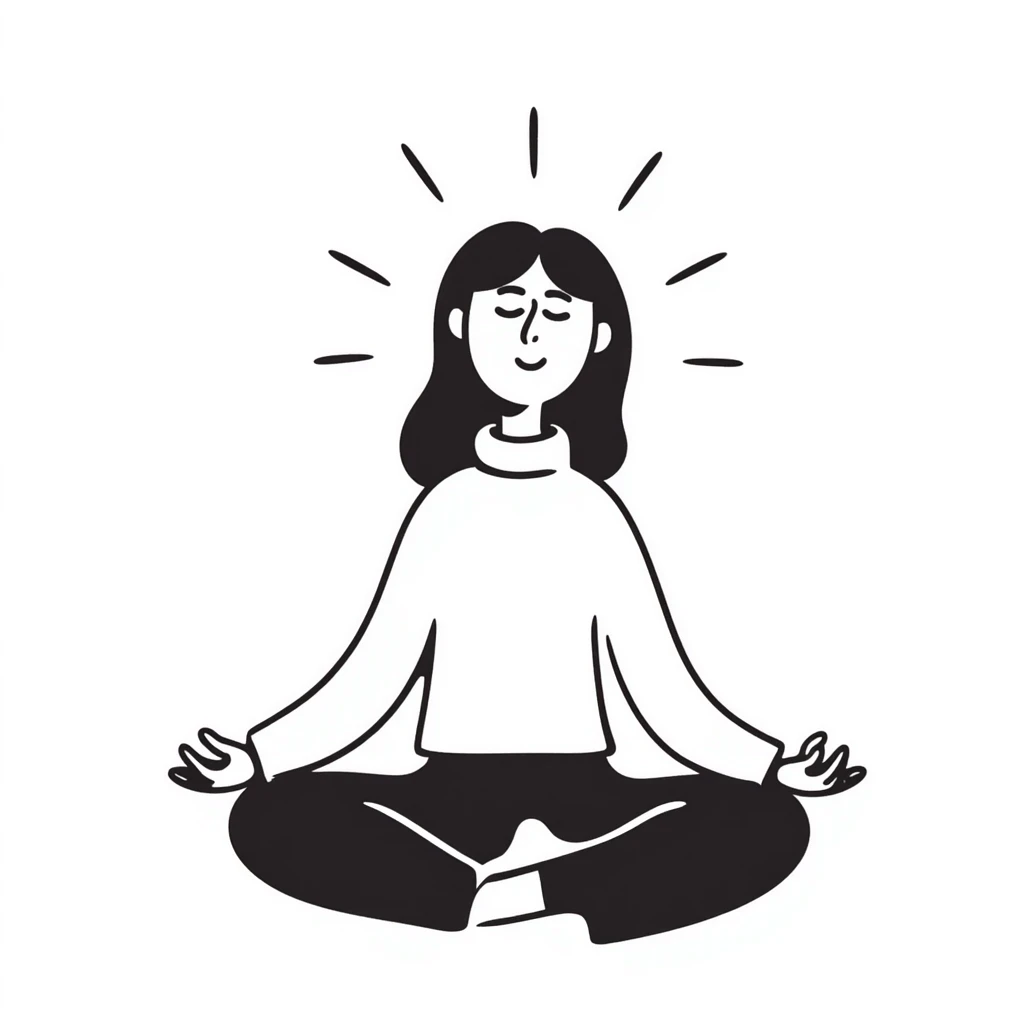 A person in a peaceful meditation pose with small waves of calmness radiating outward, representing mindfulness and stress relief. Simple hand-drawn doodle style. emoji