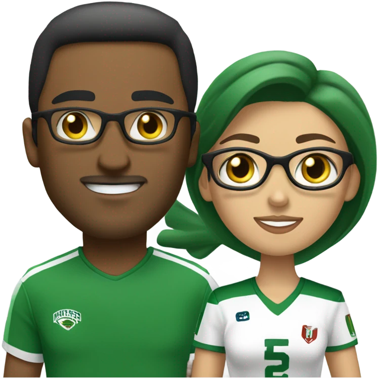 A couple, the man and woman are white, the woman is paler than the man.
The man has short black hair and is wearing a Turkey football shirt.
The woman is blonde with long hair and green eyes. She wears glasses and an Algerian football shirt. emoji