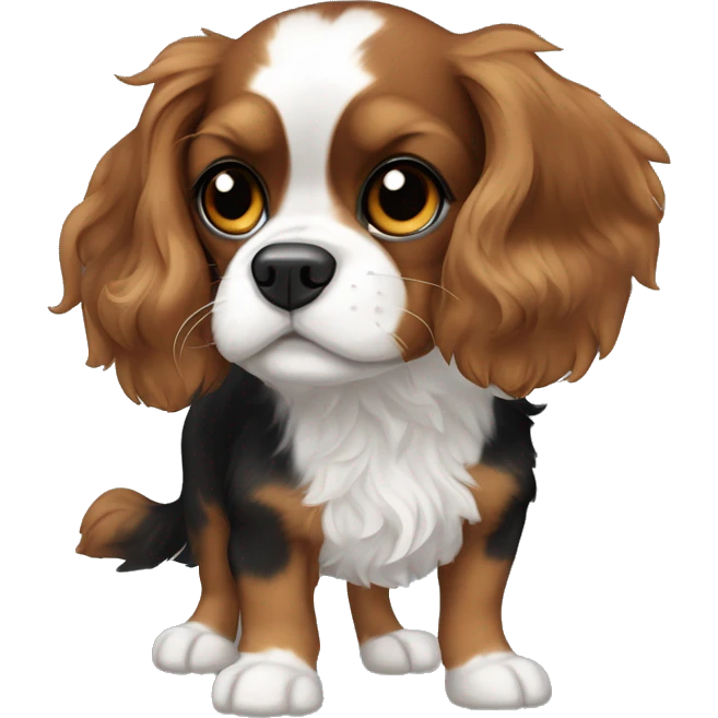 A small Cavalier King Charles Spaniel mix with black, wavy fur, white markings on the chest and muzzle, expressive eyes, and a fluffy tail. emoji