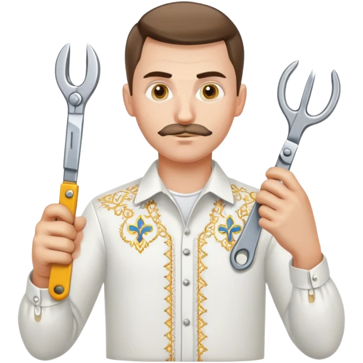 A Ukrainian man in a white embroidered shirt holds a spanner in one hand and scissors in the other emoji