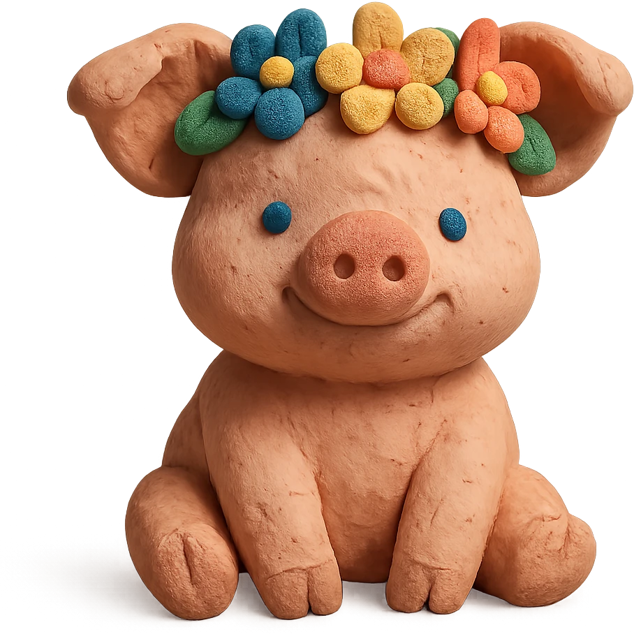 playful and cute piglet with a flower crown, textured look, claymation style emoji